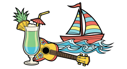 Vibrant tropical getaway illustration with sailboat, ukulele, and refreshing