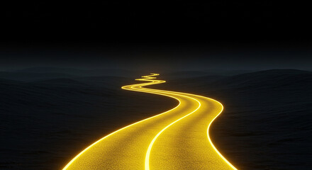 Winding road illuminated by yellow light in dark landscape  