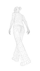 Polygonal wireframe woman walking on white background, composed of geometric shapes and lines forming an intricate design.