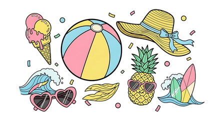 Vibrant summer icons in cartoon style against black backdrop bring cheerfulness
