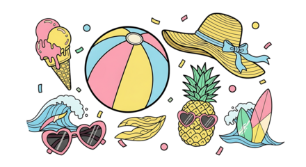 Vibrant summer icons in cartoon style against black backdrop bring cheerfulness