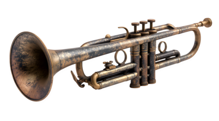 Close up of an antique trumpet with a tarnished finish on a white background in horizontal view