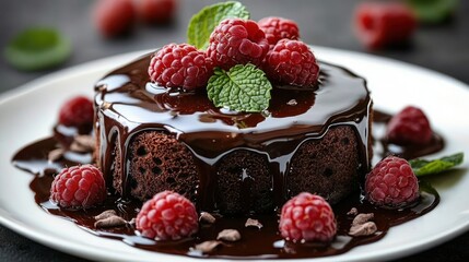 Rich chocolate cake covered in glossy chocolate sauce topped with fresh raspberries and mint leaves served on a white plate, evoking indulgence and sweetness