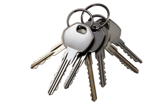 Collection of assorted house keys on a simple keychain, showcasing various shapes and designs in a low-resolution format