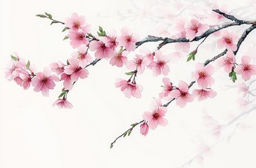 Naklejka premium Delicate branches with soft pink cherry blossoms gently blooming against a light background evoking calm and peaceful springtime beauty