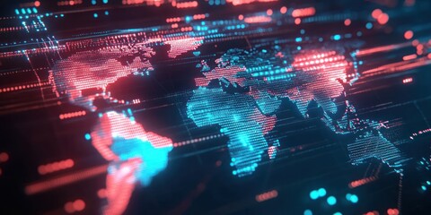 Digital visualization of a world map with glowing blue and red data points and lines representing global connectivity and information flow