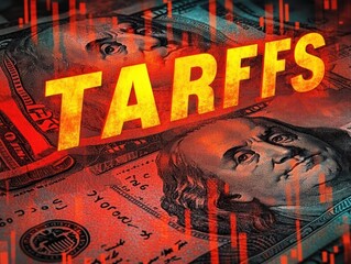 Close-up of hundred dollar bills with bold yellow word tariffs overlay and red stock market graph lines indicating financial changes