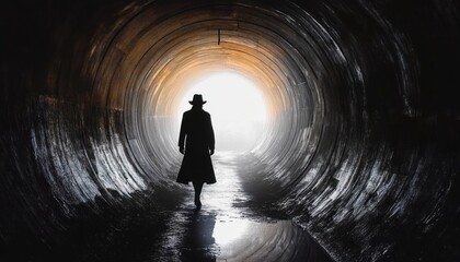silhouette of a person wearing a hat and long coat walking through a dark curved tunnel towards a bright light at the end with reflections on the wet ground