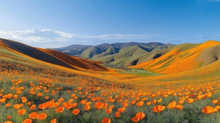 A vast valley covered with vibrant orange flowers under a clear blue sky with distant rolling green hills
