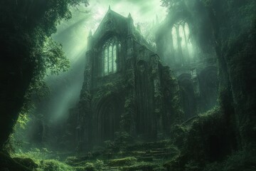 Ancient overgrown gothic cathedral ruins bathed in mystical green light with nature reclaiming stone architecture in foggy forest environment
