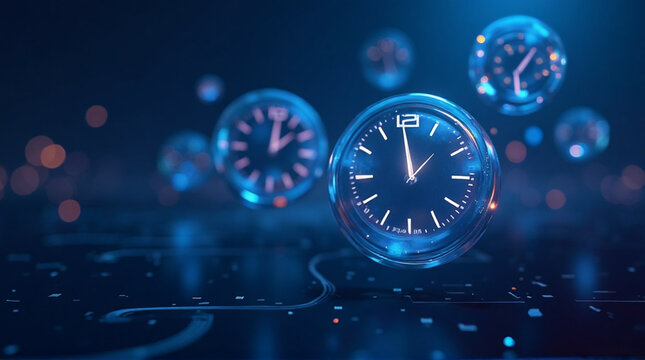 Dynamic digital clocks float in a futuristic blue technological environment with bokeh lights