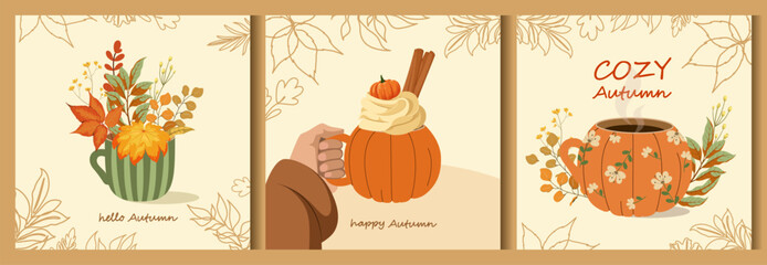 A set of cute autumn posters with hot drinks. Cozy cards. Vector.

