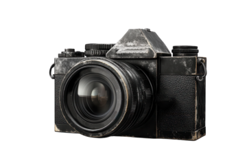 Old vintage camera isolated on a transparent background showcasing intricate details and design elements in low resolution suitable for artistic use or educational purposes
