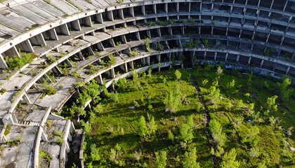 Abandoned concrete structure overgrown with vegetation
