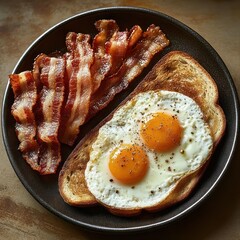 Plate with crispy bacon strips and two sunny side up eggs seasoned with black pepper served on a slice of toasted bread