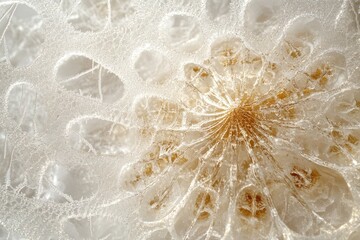 Frozen dandelion seed head, intricate ice crystals forming delicate, lace-like patterns.