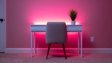 Fototapeta premium Modern Minimalist Dorm Desk Illuminated with LED Lights for Study and Relaxation