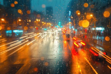 Blurred city street scene at night seen through a rain-covered window with colorful traffic lights and wet reflections creating a moody atmosphere