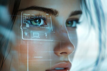Close-up of a woman's eye with a futuristic heads-up display overlay showcasing technological integration.