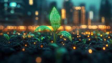 Glowing green digital plant sprouts from dark soil in an urban environment with blurred city lights in the background symbolizing technology and growth