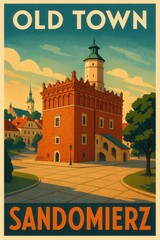 Obraz premium Stylized travel poster of the Town Hall in Sandomierz Poland with its red brick renaissance architecture and a prominent tower surrounded by colorful historic buildings