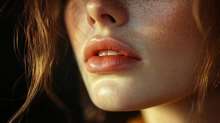Close-up of a woman's lower face with natural freckles, slightly parted lips, and soft lighting highlighting smooth skin and reddish hair strands
