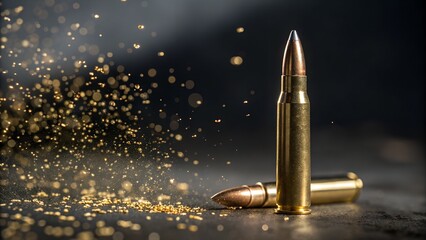 Fototapeta premium Rifle Bullets: A captivating macro shot featuring two rifle bullets against a dark background, illuminating the precision engineering and powerful symbolism.