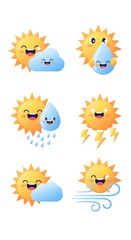 Fototapeta premium Cute cartoon sun and cloud weather icons set showing sun with cloud