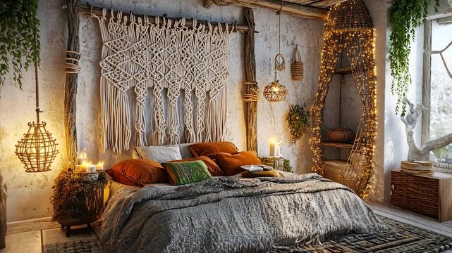 Cozy bohemian bedroom with woven decor