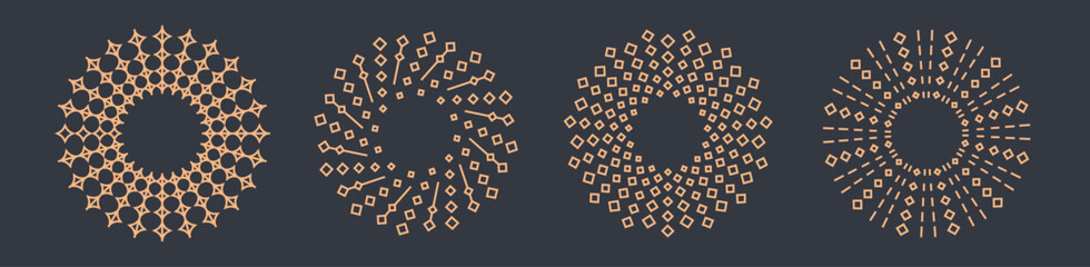 Retro gold sun, starburst, firework, bursting shapes from square pieces. Thin line abstract radial vector badges for card, banner, background