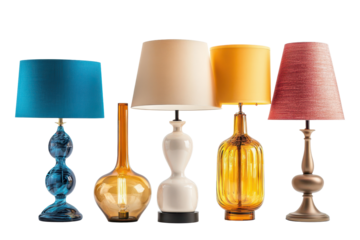 Stylish table lamps in various colors and designs displayed against a white background showcasing modern home decor ideas for elegant lighting solutions