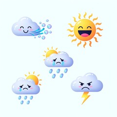 Cute Cartoon Weather Icons Set with Happy Sun and Sad Angry Windy