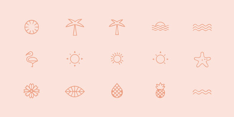 Collection of minimalist line art icons representing summer vacation elements on a soft peach background