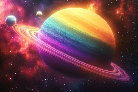 Colorful ringed planet with bright multicolored bands surrounded by smaller planets and vibrant glowing nebulae in outer space