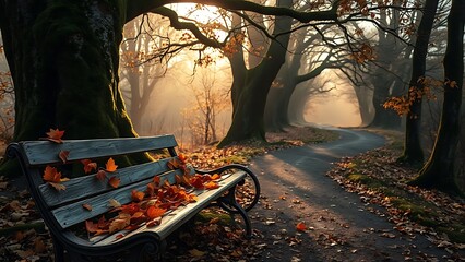 Empty wooden park bench covered in fallen autumn leaves on a misty forest path