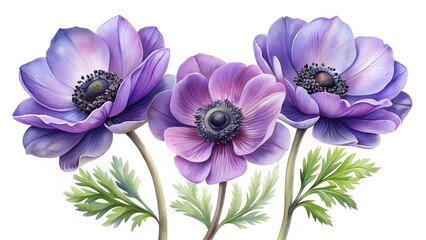 Obraz premium Watercolor painting of three purple anemone flowers with green leaves on white