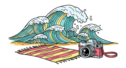 Retro summer waves with vintage camera and beach towel illustration style