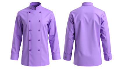A vibrant, solid-purple chef's jacket, front and back views, displayed isolated on a transparent background.