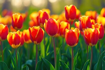 Fototapeta premium Close-up view of vibrant red and yellow tulips blooming in a sunlit garden with green leaves and blurred colorful background creating a serene atmosphere