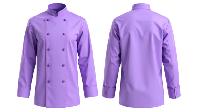 A vibrant, solid-purple chef's jacket, front and back views, displayed isolated on a transparent background.