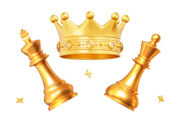 3d golden Crown with chess piece king, queen and stars. Stock vector illustration on isolated background.