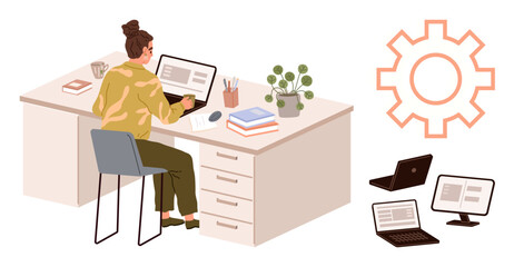 Woman focused on computer at desk with office supplies, plants, and technology devices. Ideal for productivity, workplace, remote work, technology, organization business efficiency. Simple flat