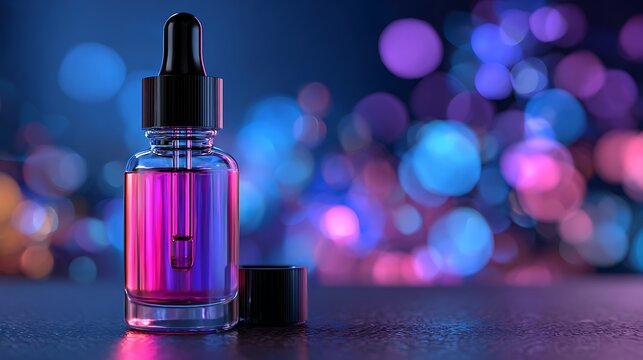 Sleek transparent glass dropper bottle with purple liquid illuminated by vibrant neon lights bokeh background