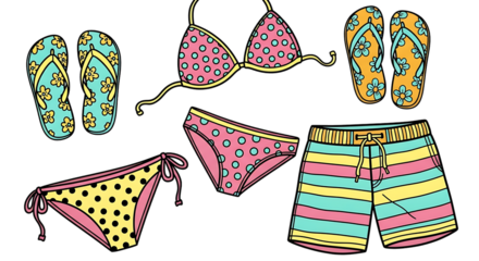 Stylized summer beachwear assortment with vibrant polka dots and striped designs