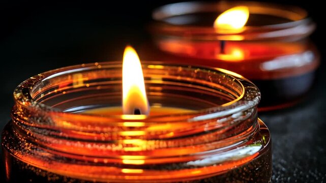 Close-up of two amber glass candles burning brightly against a dark background, showcasing the warm glow and texture of the glass