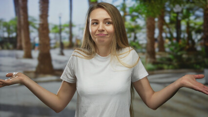Obraz premium Woman shrugging outdoors in a park with a neutral expression, wearing a white t-shirt, surrounded by green trees and a concrete path under a sunny sky.