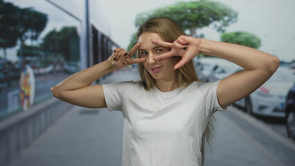 Fototapeta premium Young woman in white shirt playfully posing with peace signs on a city street background, expressing joy and carefree attitude under a bright sky.