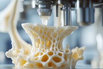 3D bioprinting technology creates a porous, bone-like structure using a viscous, light-colored material.