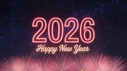 Happy new year 2026 celebration with fireworks and glowing neon text