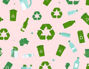 Recycling symbols and green bins on a pink background pattern.